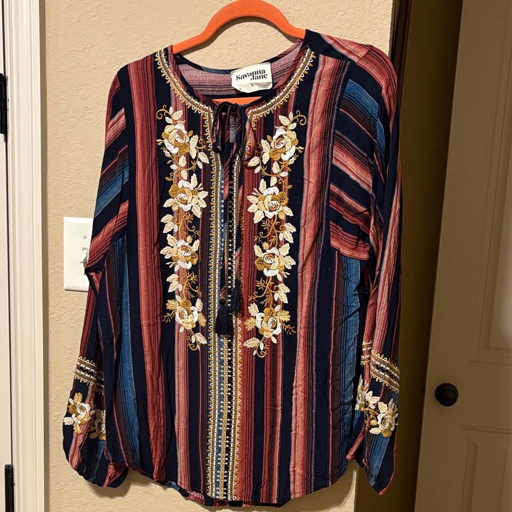 Savanna Jane Navy and Red Embroidered Blouse